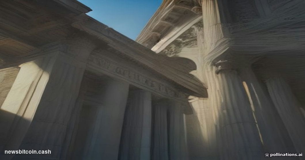 A cinematic photorealistic editorial photograph shot from a low angle looking up at the imposing neoclassical stone facade of
