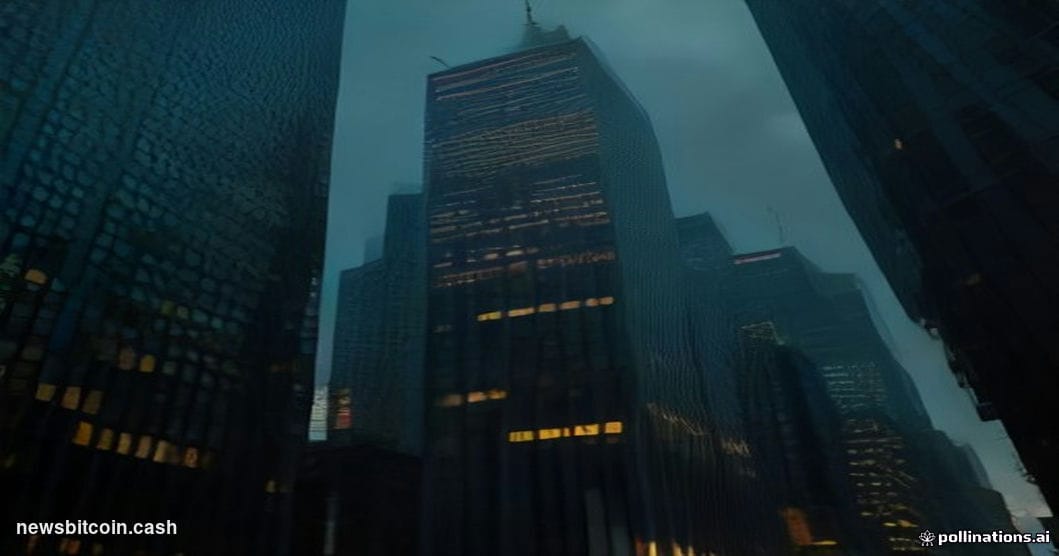 Cinematic photorealistic editorial photograph of a gleaming Wall Street financial district intersection at dusk, shot from a 