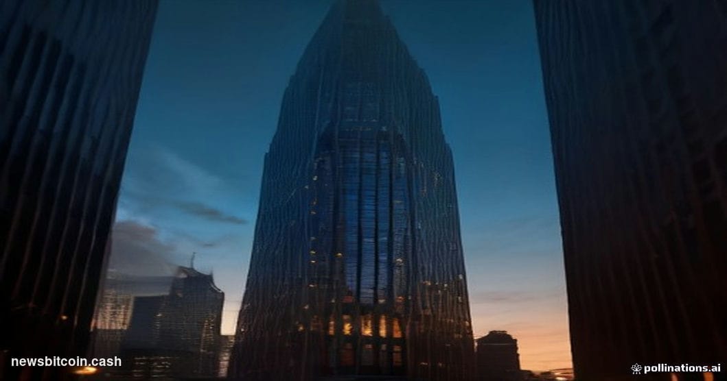 Cinematic photorealistic editorial photograph of BlackRock's Manhattan headquarters at 50 Hudson Yards, shot from a low drama