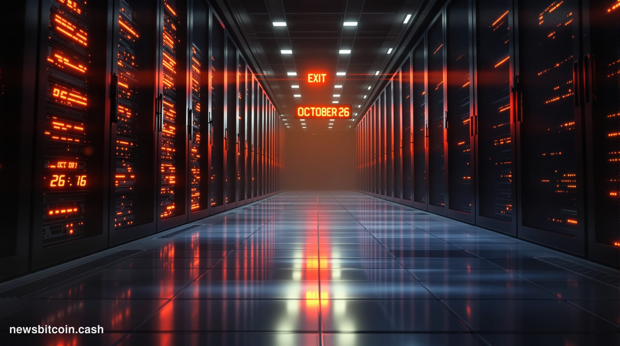A cinematic photorealistic editorial photograph depicting a decommissioned data center corridor with server racks powering do