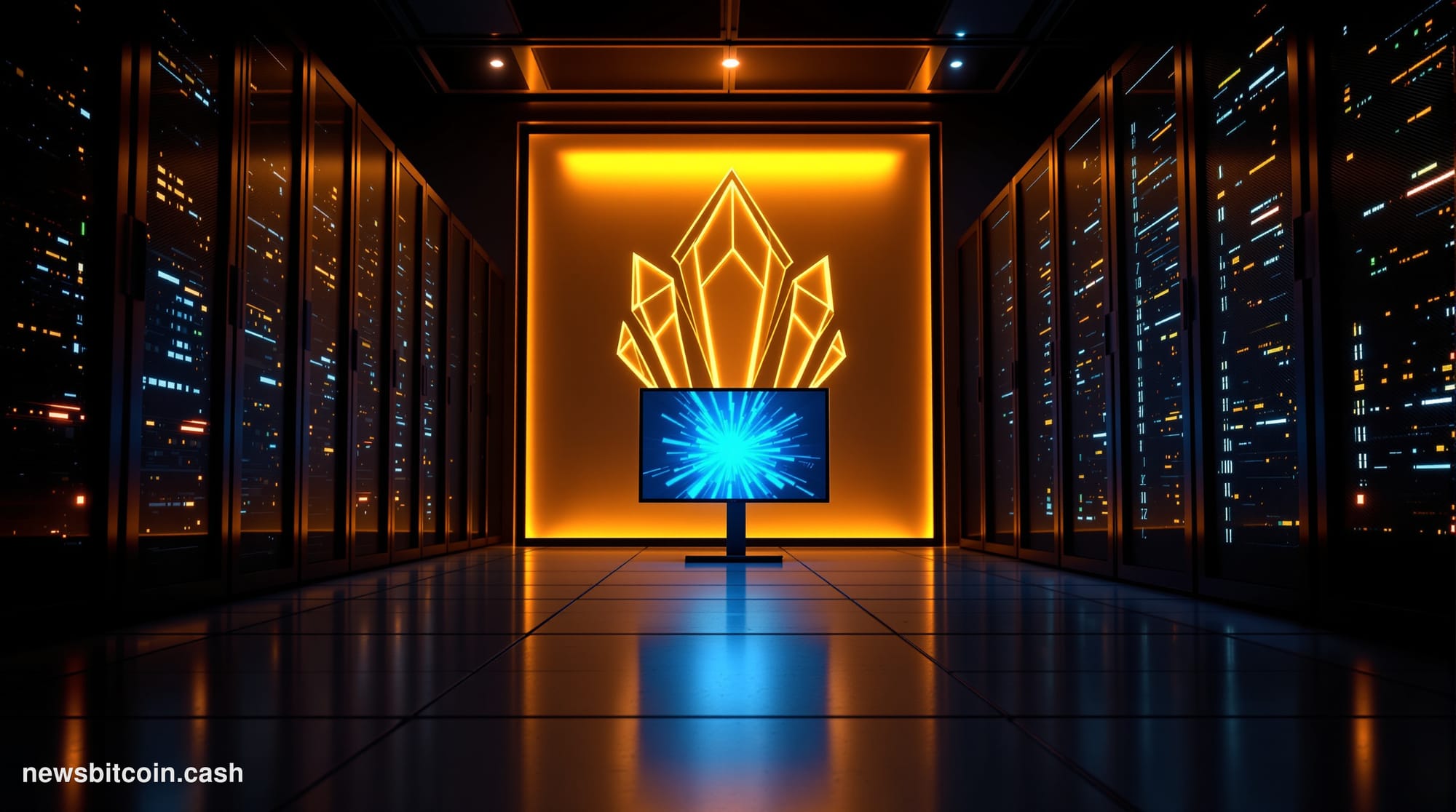 A cinematic photorealistic editorial photograph of a darkened server room with rows of rack-mounted hardware gradually poweri