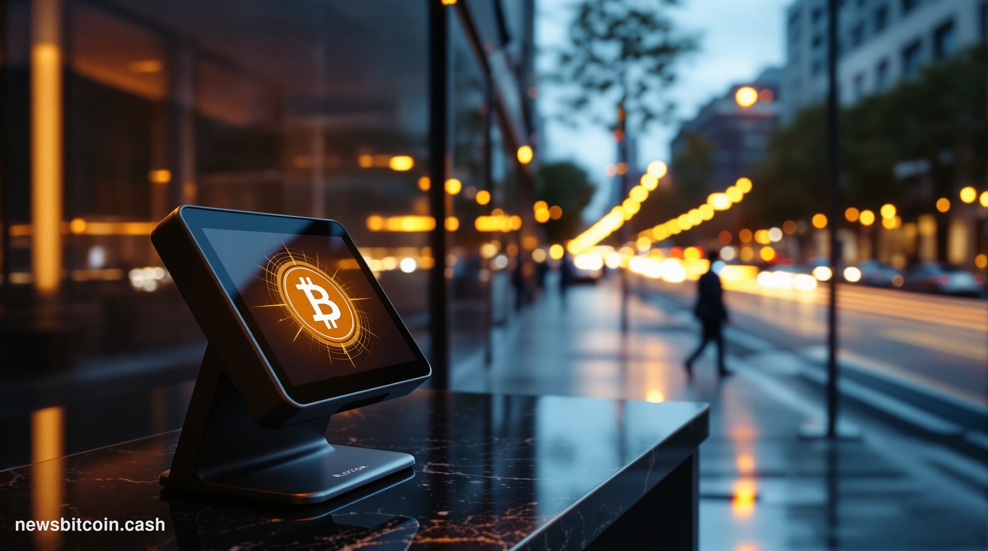 Cinematic photorealistic editorial photograph of a sleek, modern retail payment terminal glowing with a warm amber Bitcoin sy