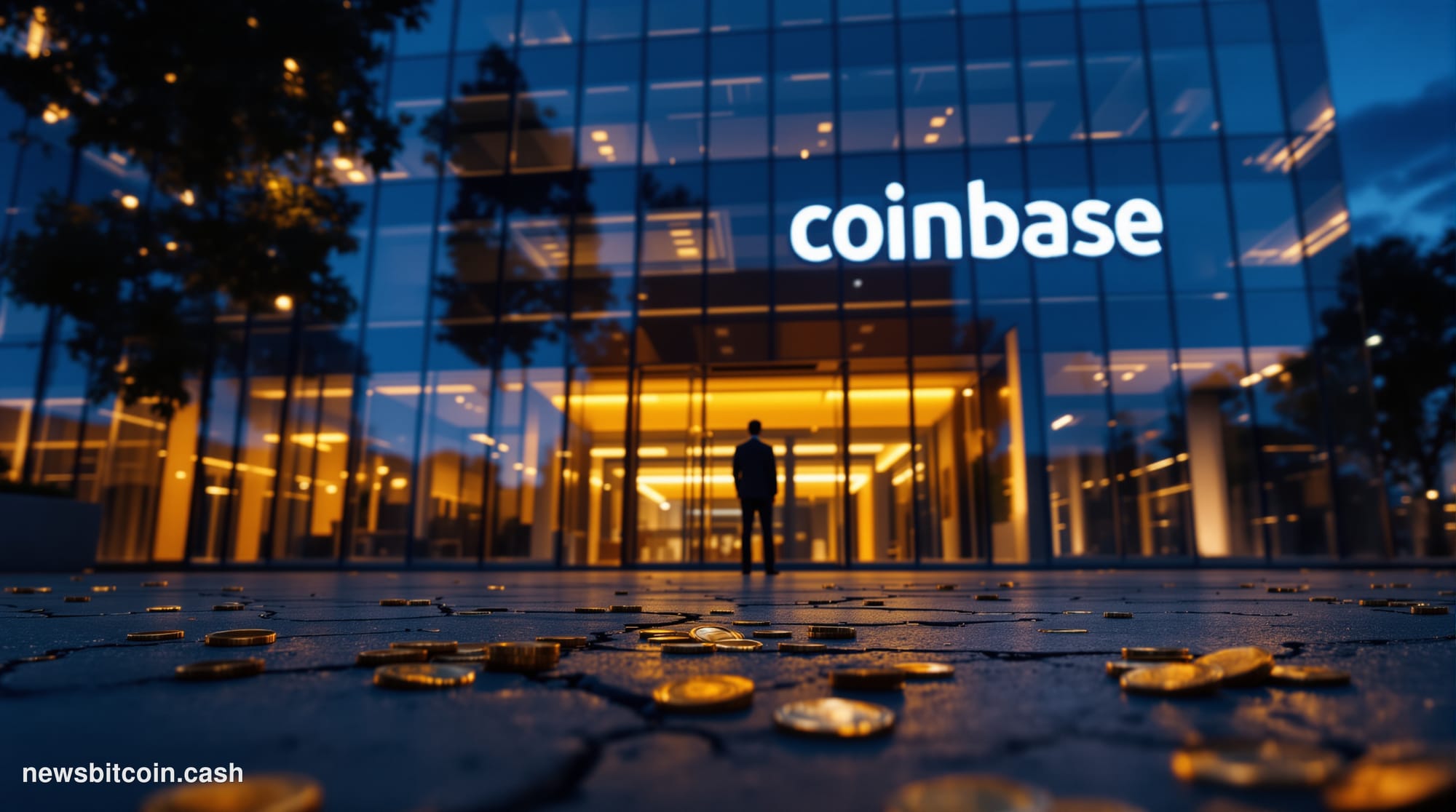 Cinematic photorealistic editorial photograph of the Coinbase headquarters exterior in San Francisco, shot at dusk with drama