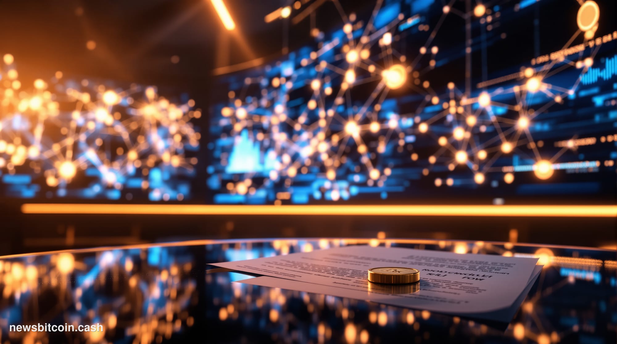 Cinematic photorealistic editorial photograph of a sleek modern trading floor environment, shot from a low angle looking upwa