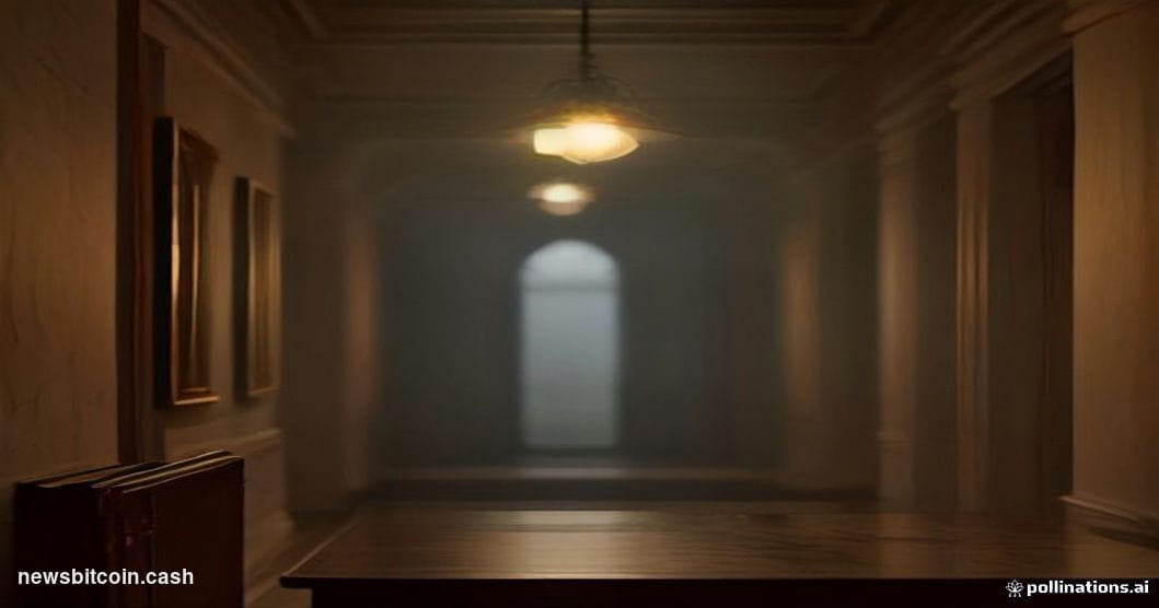 A cinematic photorealistic editorial photograph set inside a dimly lit Washington D.C. government corridor, marble columns fa