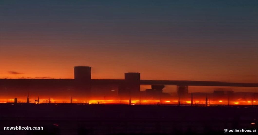 Cinematic photorealistic editorial photograph of an oil refinery complex silhouetted against a blood-orange dusk sky, dramati