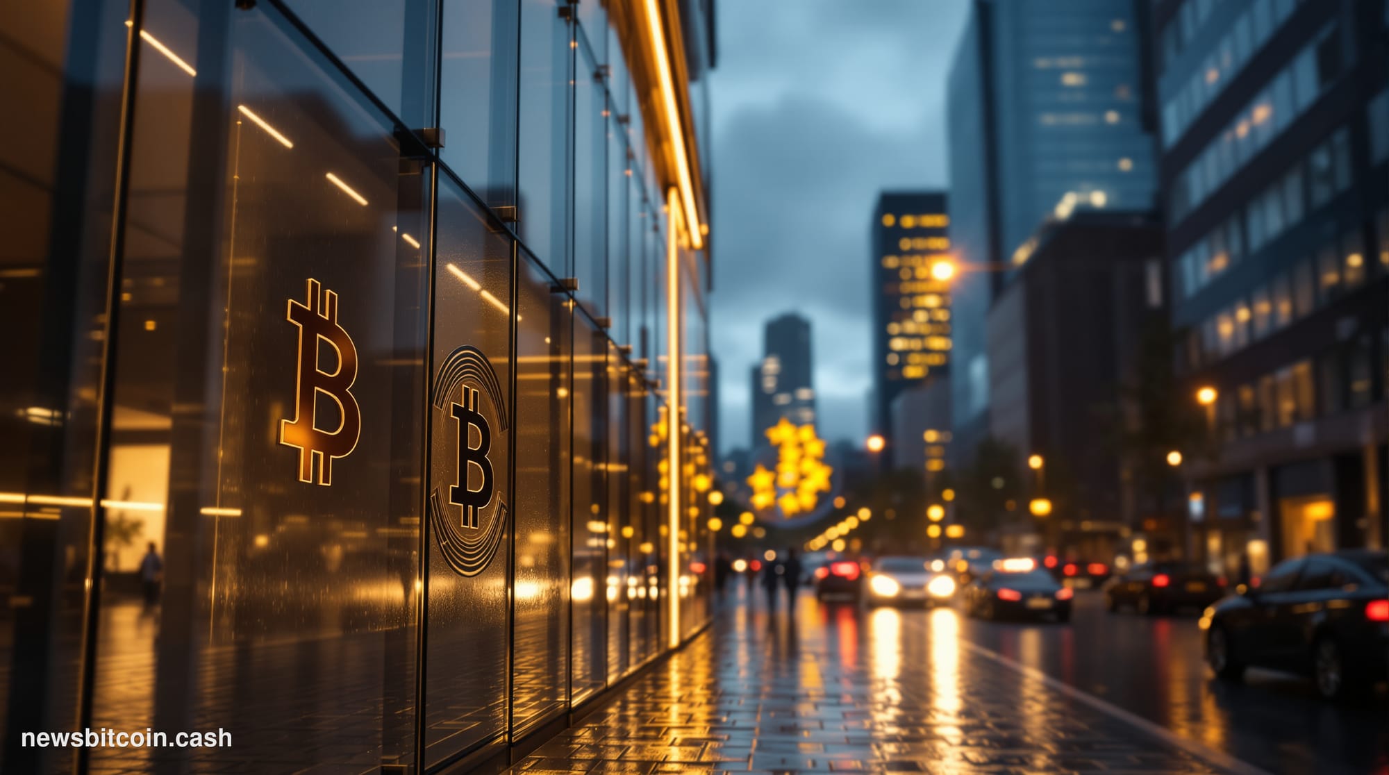 Cinematic photorealistic editorial photograph of a sleek, modern European banking district at dusk — the foreground features 