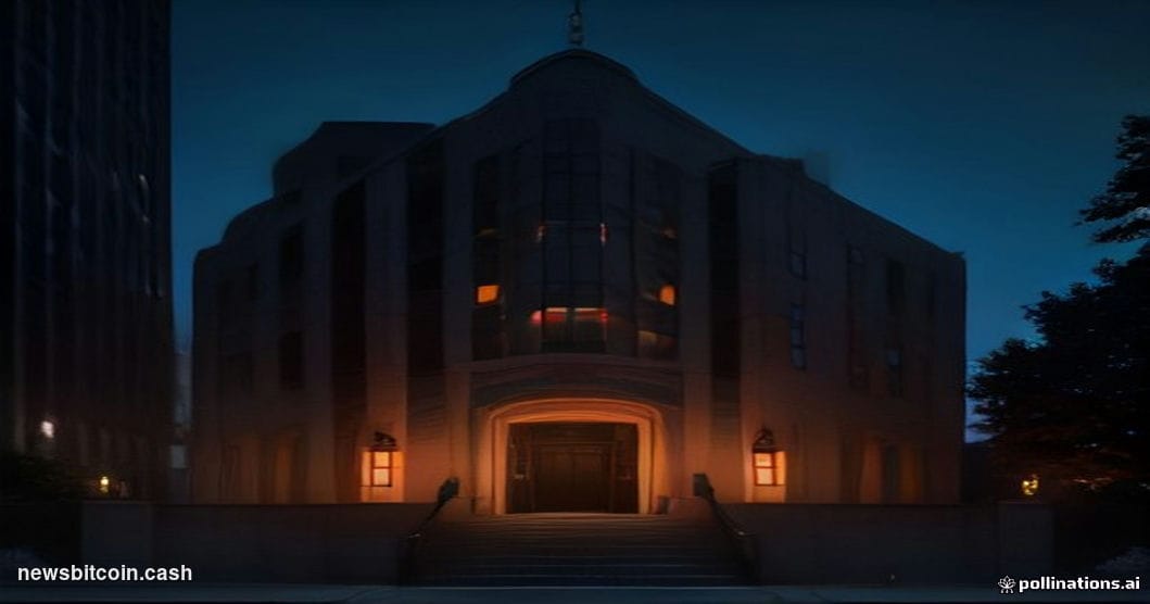 Cinematic photorealistic editorial photograph of the Brooklyn District Attorney's office building exterior at dusk, shot from