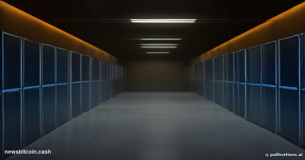 Cinematic photorealistic editorial photograph of a large-scale Bitcoin mining facility interior at dusk, dramatic side lighti