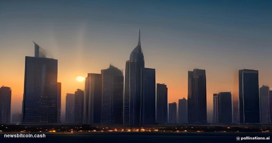 Cinematic photorealistic editorial photograph of the Dubai International Financial Centre skyline at dusk, with the iconic Ga