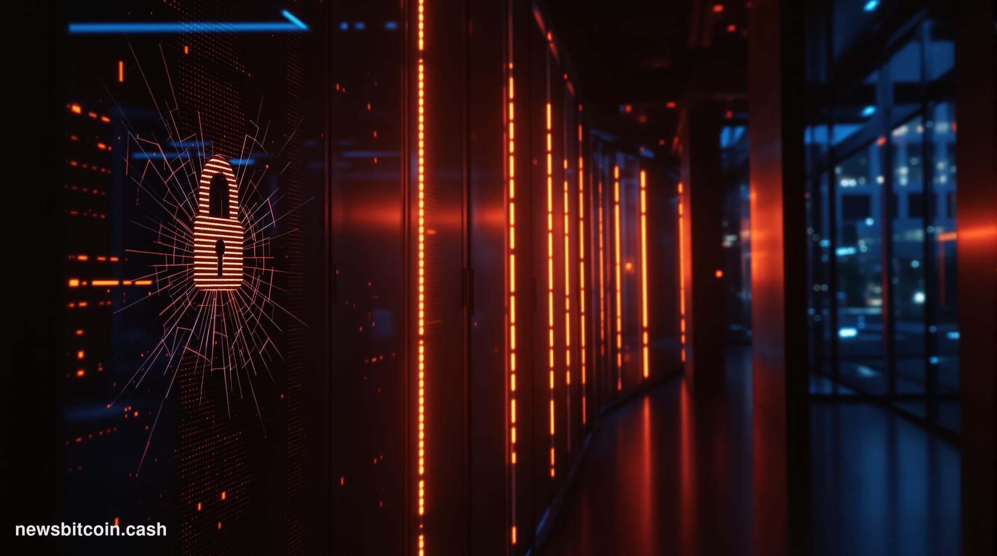 Cinematic photorealistic editorial photograph of a sleek, dimly lit server room corridor representing a breached AI containme
