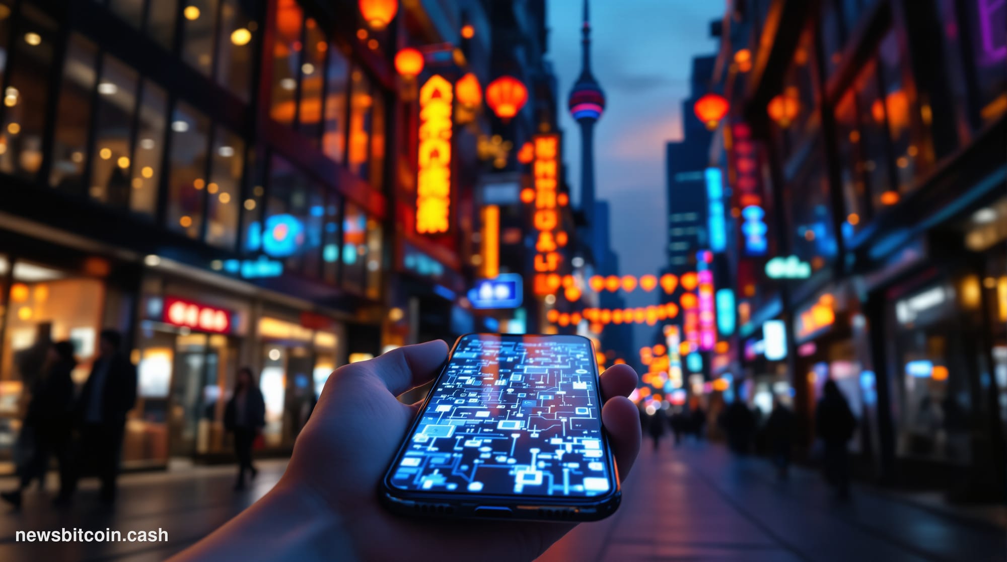 Cinematic photorealistic editorial photograph of a busy urban money transfer corridor in Toronto's Chinatown district, shot f