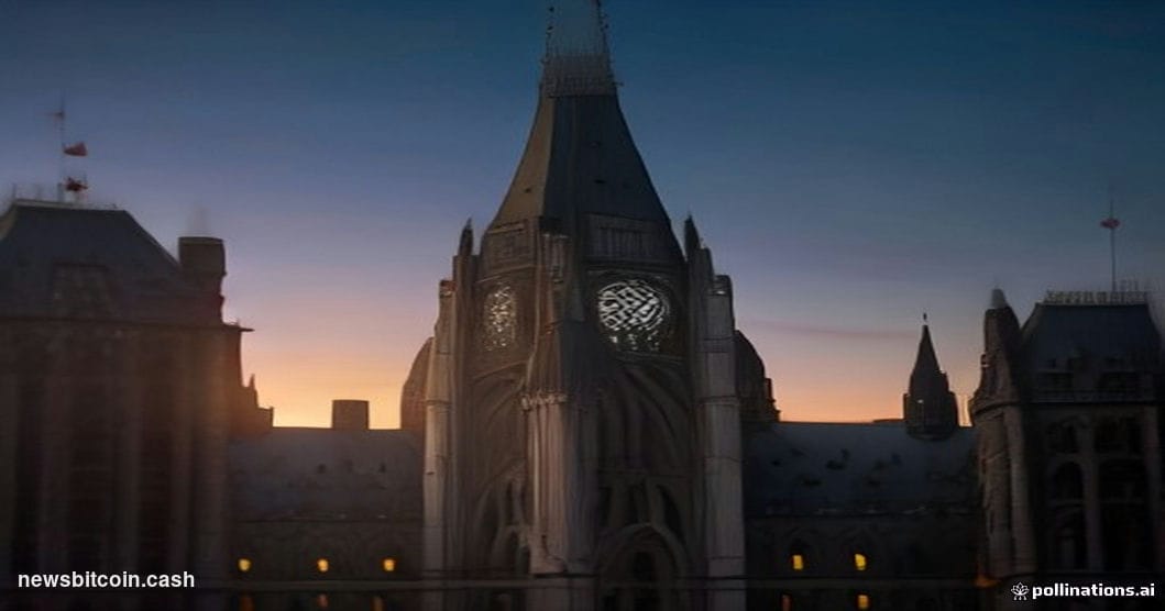 Cinematic photorealistic editorial photograph of the Canadian Parliament Buildings in Ottawa at dusk, the iconic Centre Block