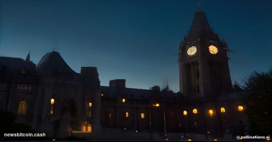 Cinematic photorealistic editorial photograph of the Canadian Parliament Hill in Ottawa at dusk, the iconic Centre Block's go