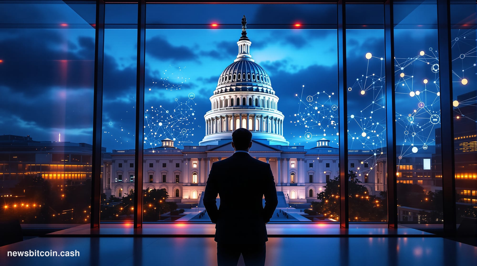 Cinematic photorealistic editorial photograph of a dramatic split-scene composition: on the left, the imposing neoclassical f