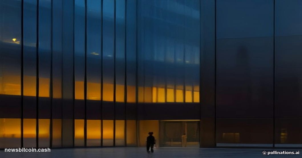 Cinematic photorealistic editorial photograph of a sleek European corporate headquarters at dusk, glass-and-steel facade refl