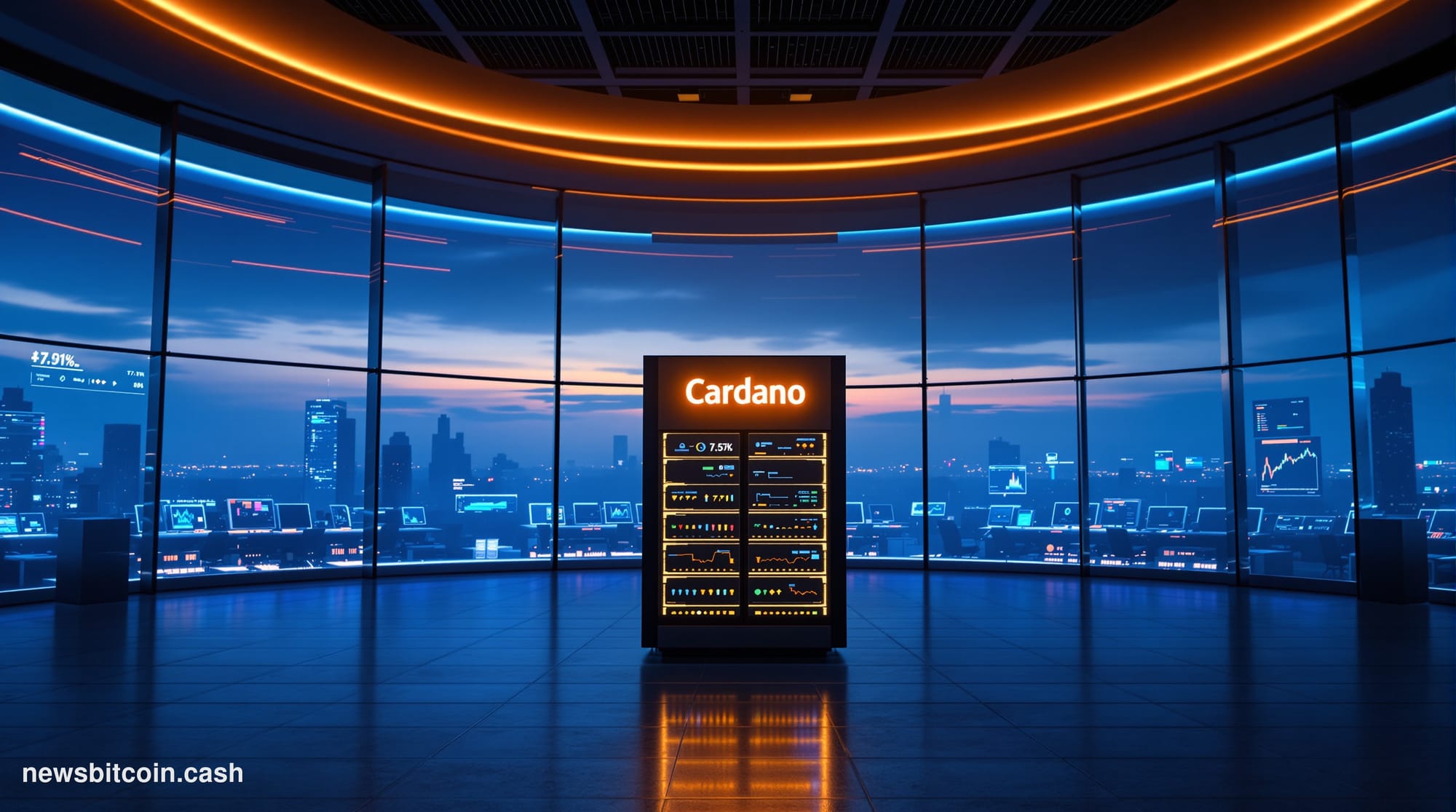 A cinematic photorealistic editorial photograph of a sleek financial operations center bathed in deep blue ambient light with