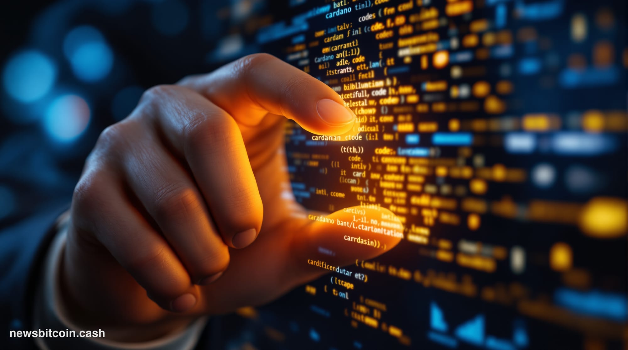 Cinematic photorealistic editorial photograph of the Cardano network's symbolic transition: a close-up of two sets of hands —