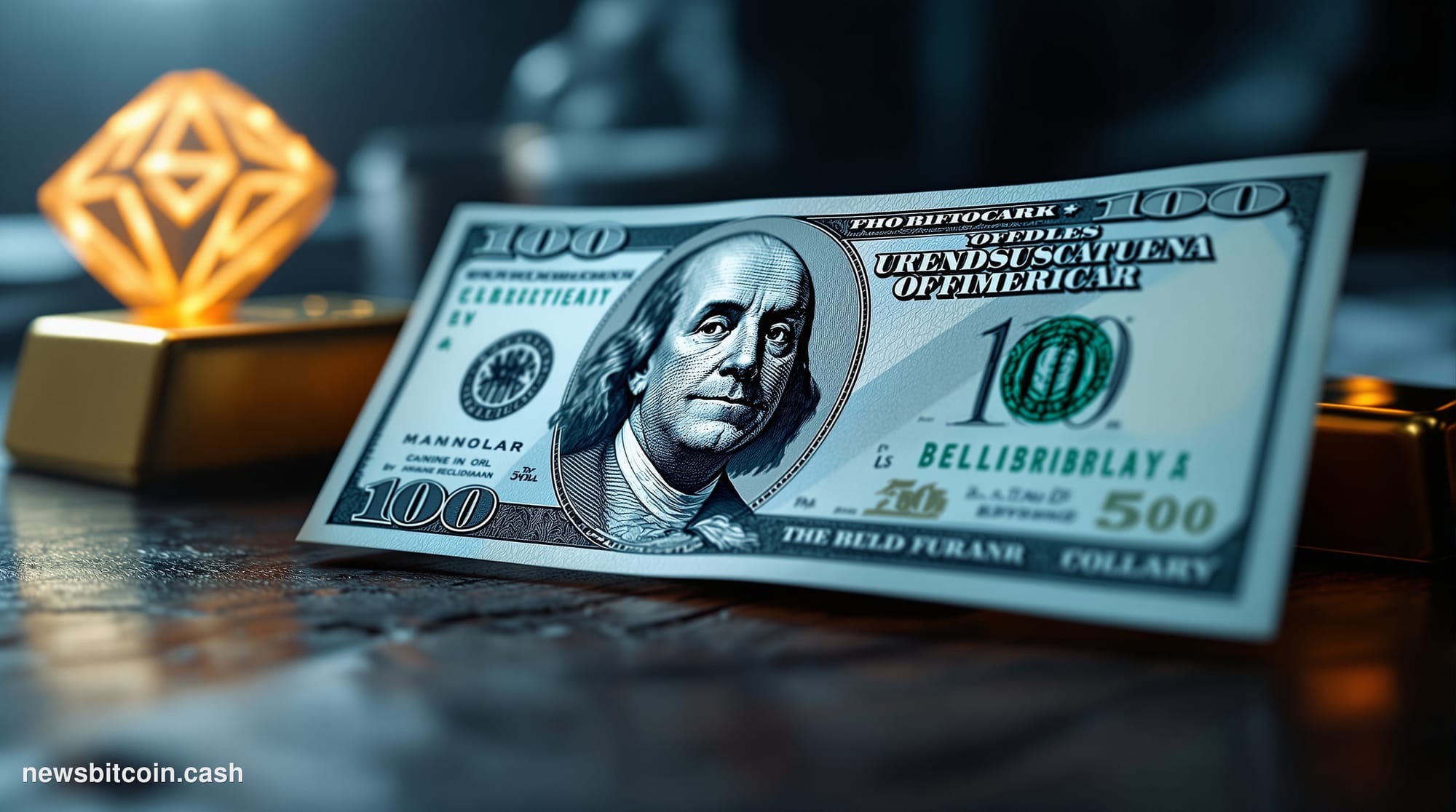 Cinematic photorealistic editorial photograph of a dramatic close-up of a crisp US hundred-dollar bill in the foreground with