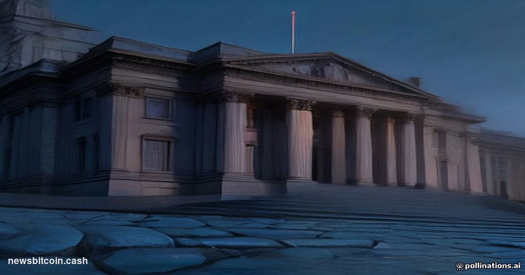 Cinematic photorealistic editorial photograph of the Central Bank of Ireland's imposing neoclassical Dublin headquarters on D
