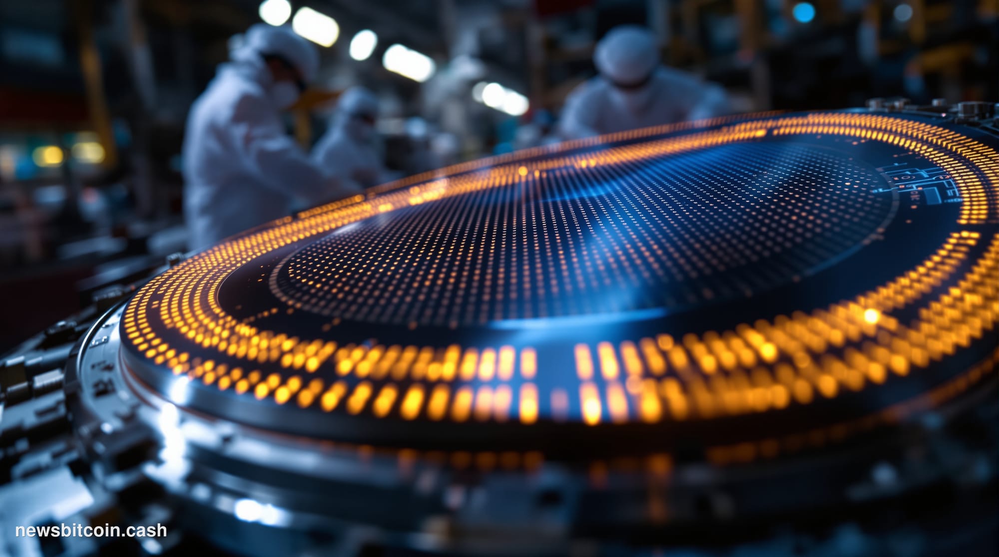 Cinematic photorealistic editorial photograph of an extreme close-up of a massive silicon wafer under dramatic side-lit indus