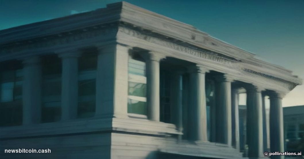 Cinematic photorealistic editorial photograph of the CFTC headquarters building in Washington D.C. shot from a low angle at d