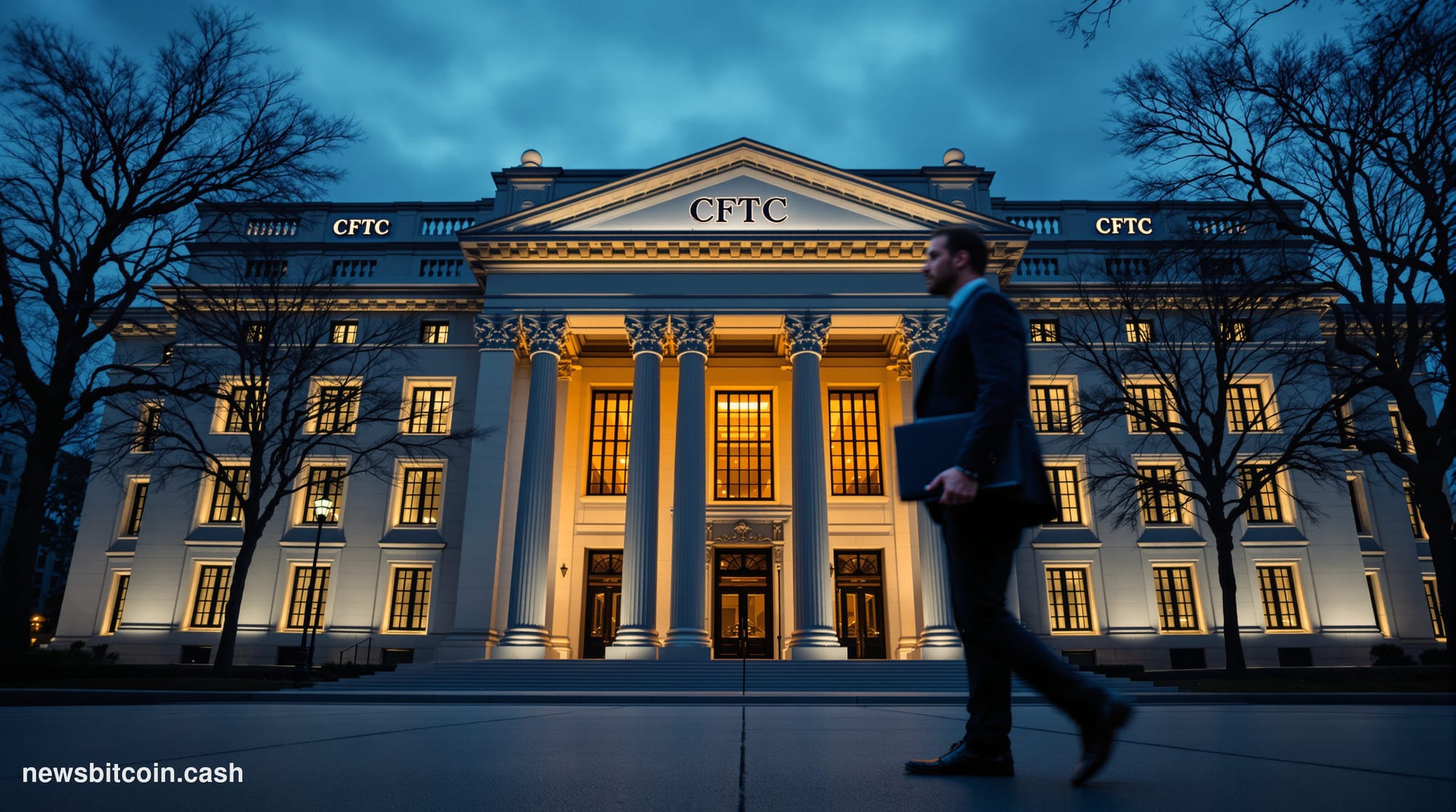 A cinematic photorealistic editorial photograph of the exterior of the CFTC headquarters building in Washington D.C., shot at