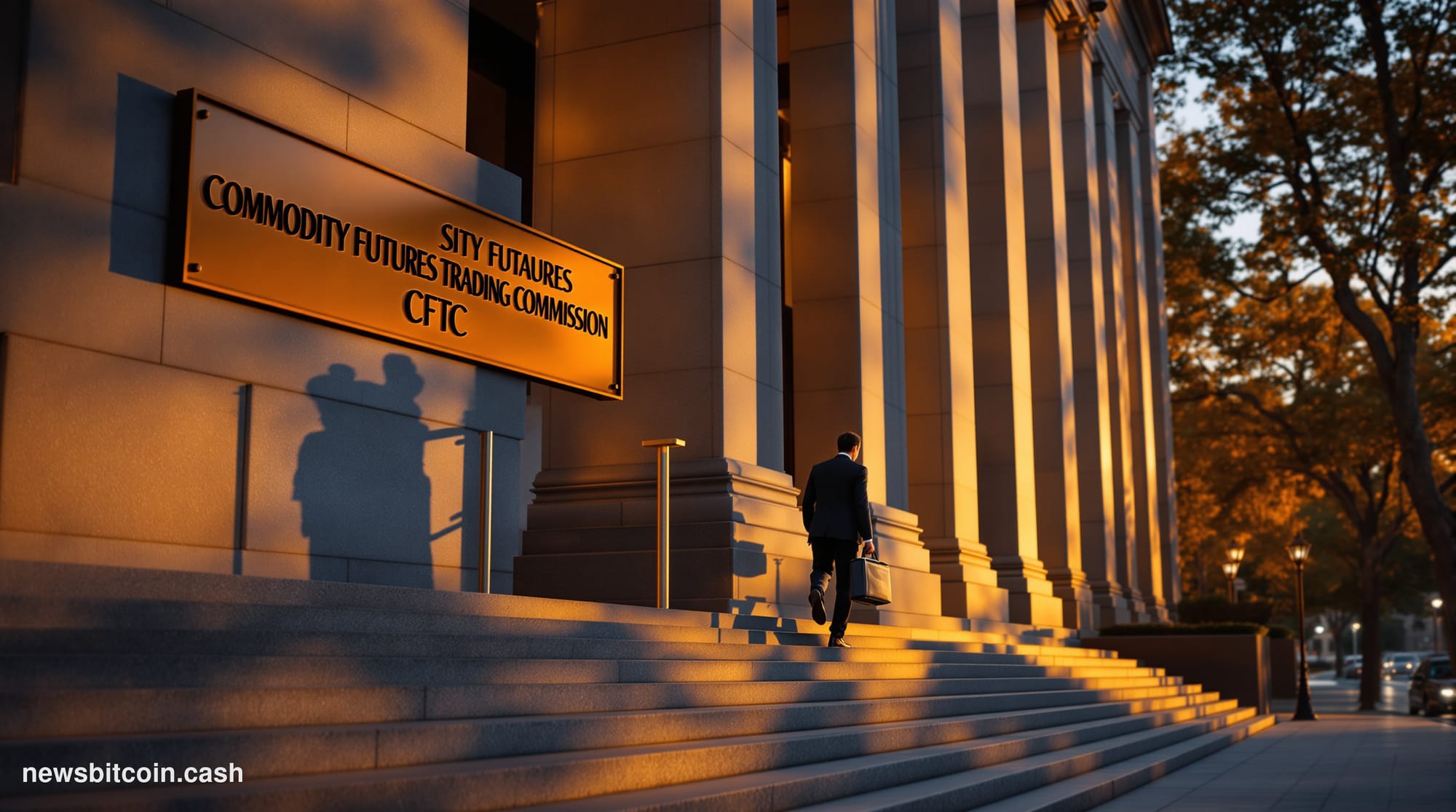 Cinematic photorealistic editorial photograph of the exterior of the Commodity Futures Trading Commission headquarters buildi