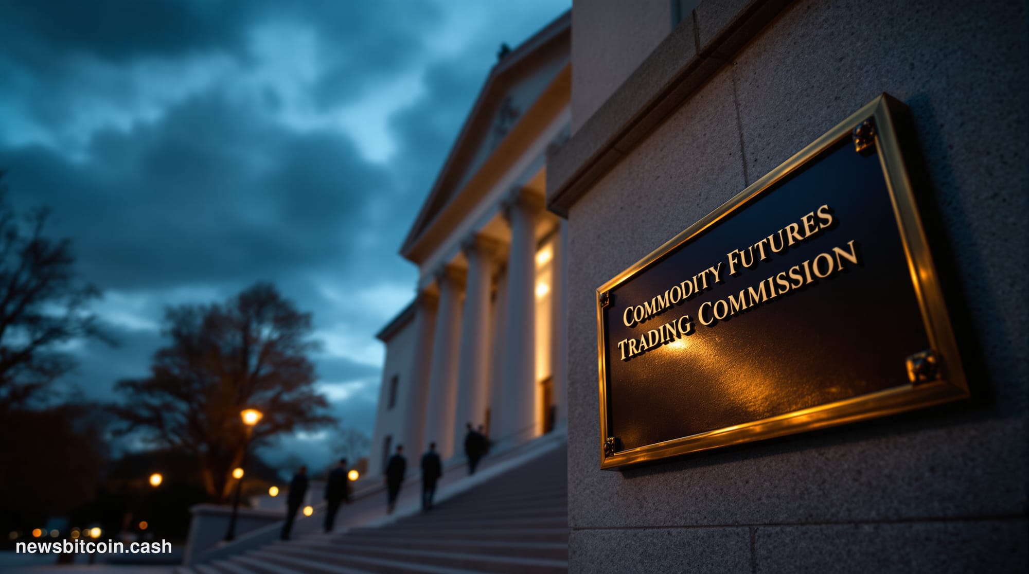 Cinematic photorealistic editorial photograph of the exterior of the Commodity Futures Trading Commission headquarters in Was