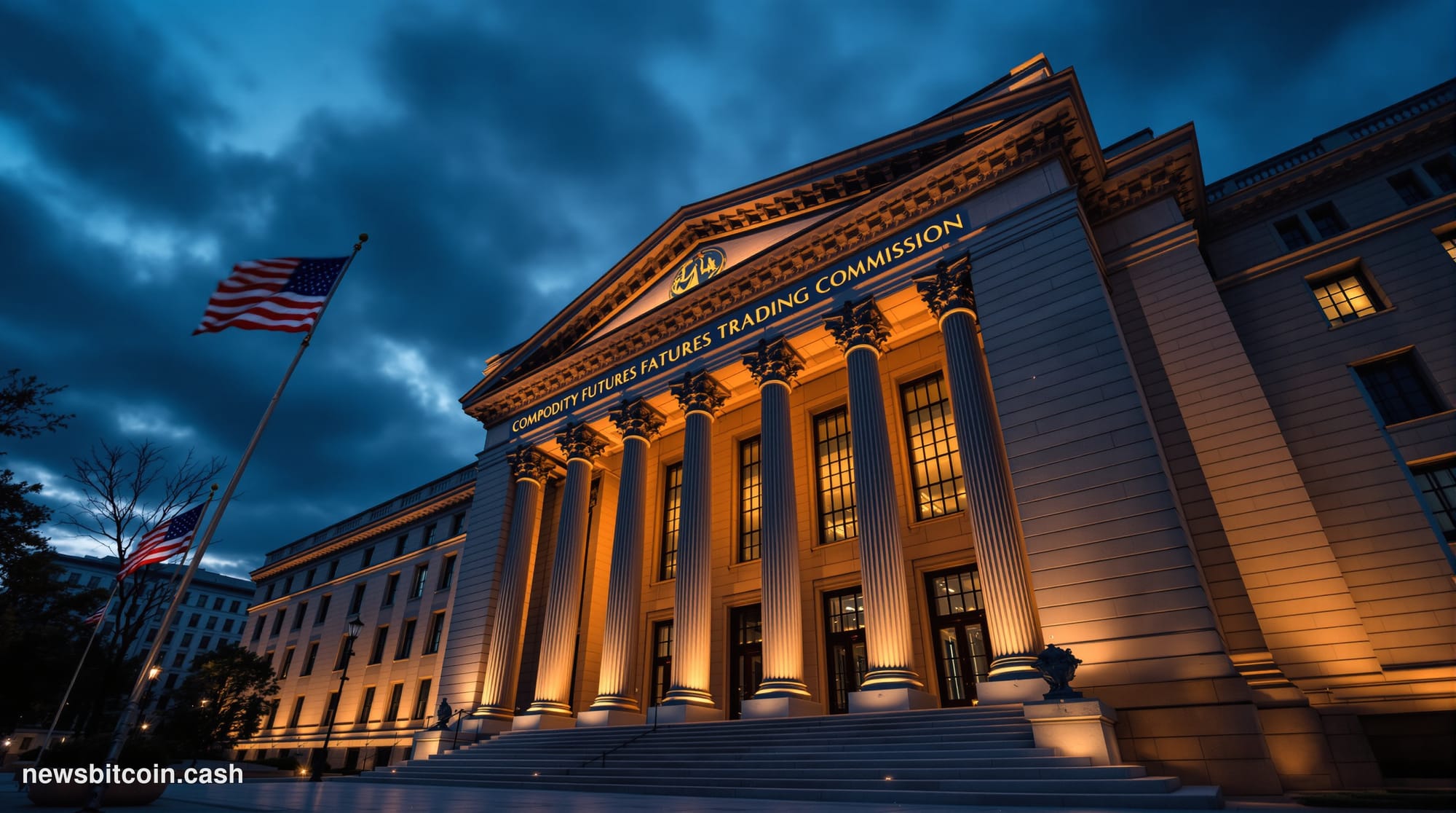 A cinematic photorealistic editorial photograph of the Commodity Futures Trading Commission headquarters building in Washingt