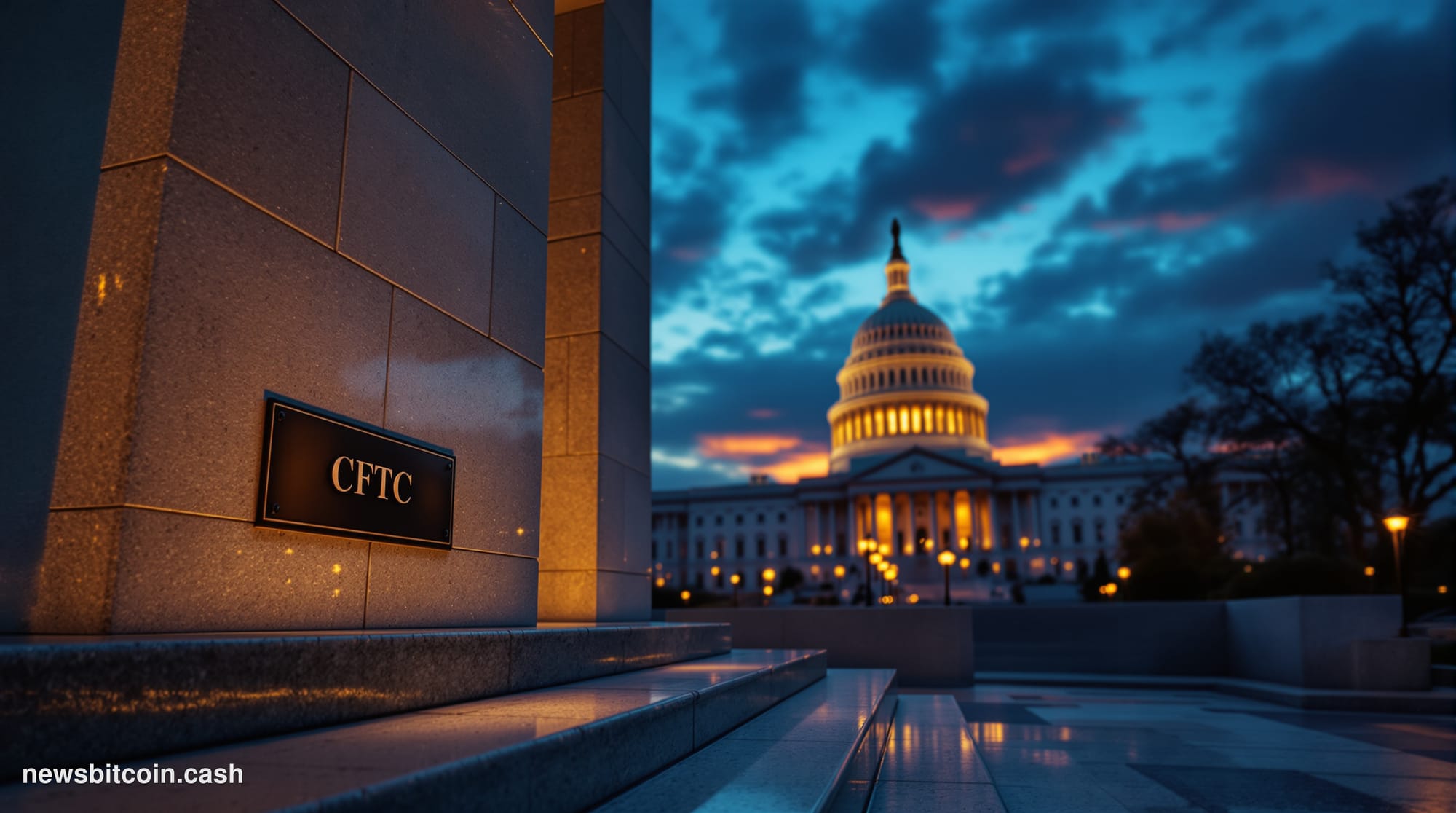 A cinematic photorealistic editorial photograph of the CFTC headquarters building in Washington D.C. — a brutalist government
