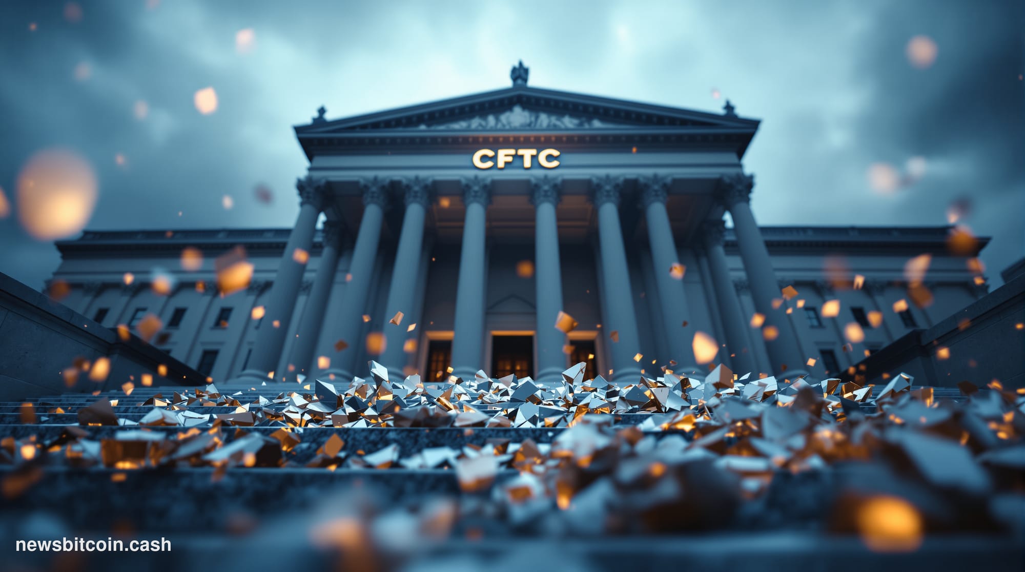 A cinematic photorealistic editorial photograph shot from a low angle looking up at the imposing neoclassical facade of the C