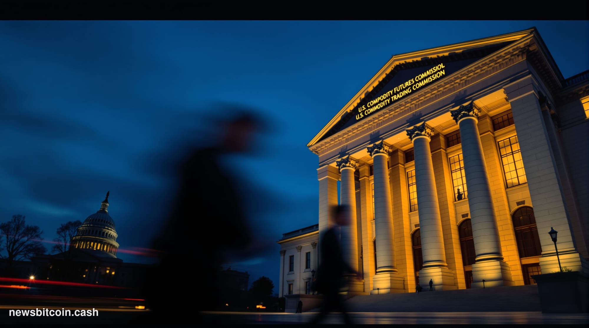 A dramatic cinematic editorial photograph of the exterior of the U.S. Commodity Futures Trading Commission headquarters build