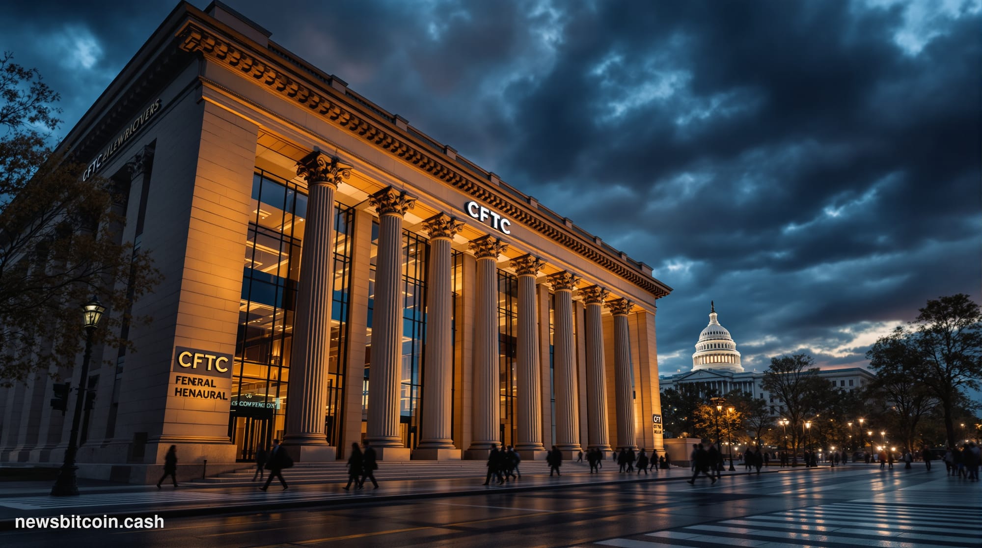 A cinematic photorealistic editorial photograph of the exterior of the CFTC headquarters building in Washington D.C., shot at