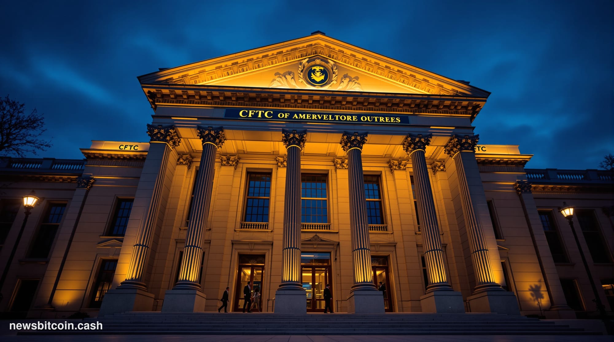A cinematic photorealistic editorial photograph of the CFTC's Washington D.C. headquarters building exterior, shot at dusk wi