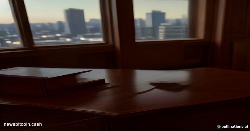 A cinematic photorealistic editorial photograph depicting a federal regulatory enforcement atmosphere. In the foreground, a h