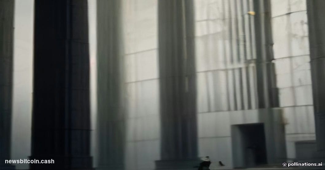 Cinematic photorealistic editorial photograph shot at a low angle looking up at the imposing brutalist stone facade of the CF