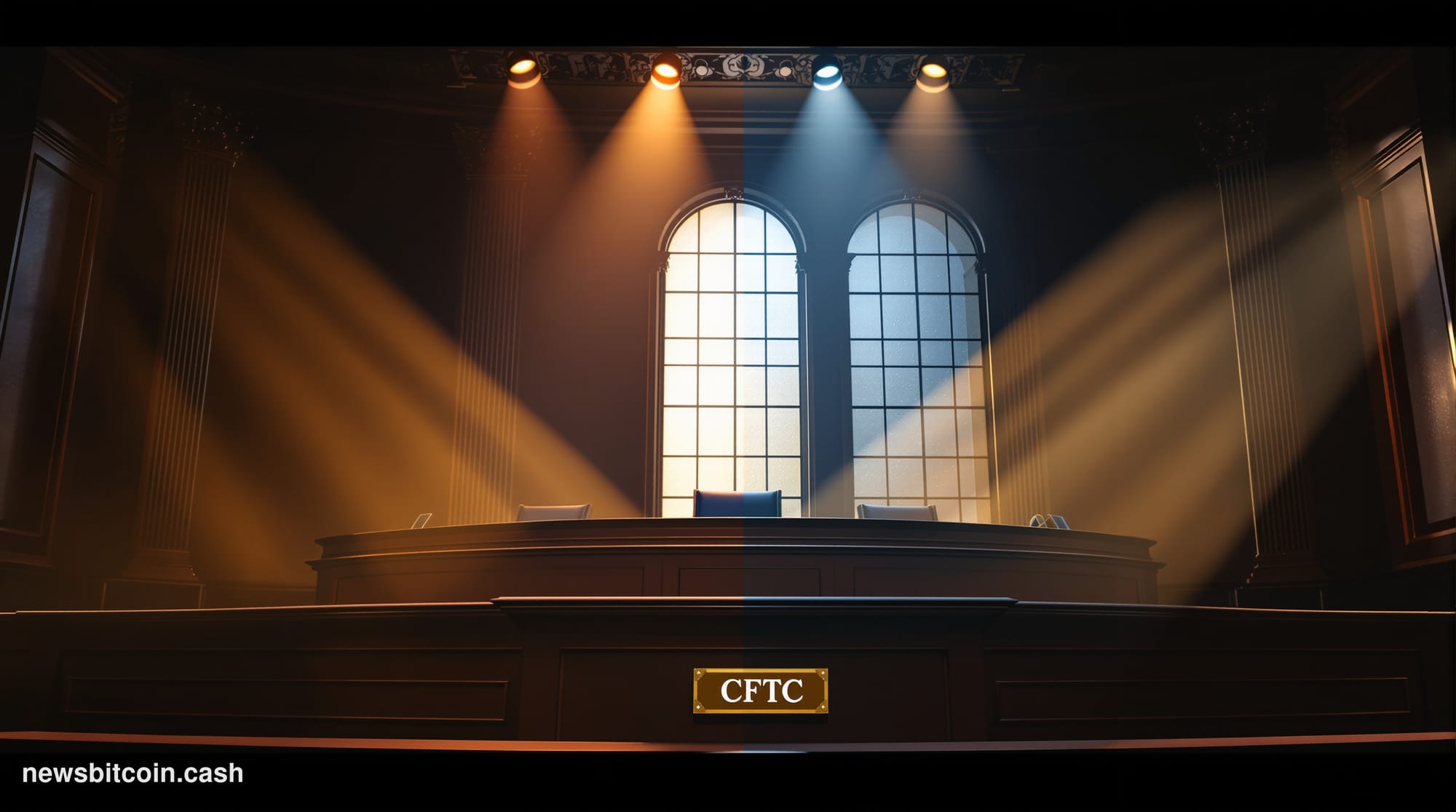 A cinematic photorealistic editorial photograph set inside a grand federal regulatory hearing room in Washington D.C., modele