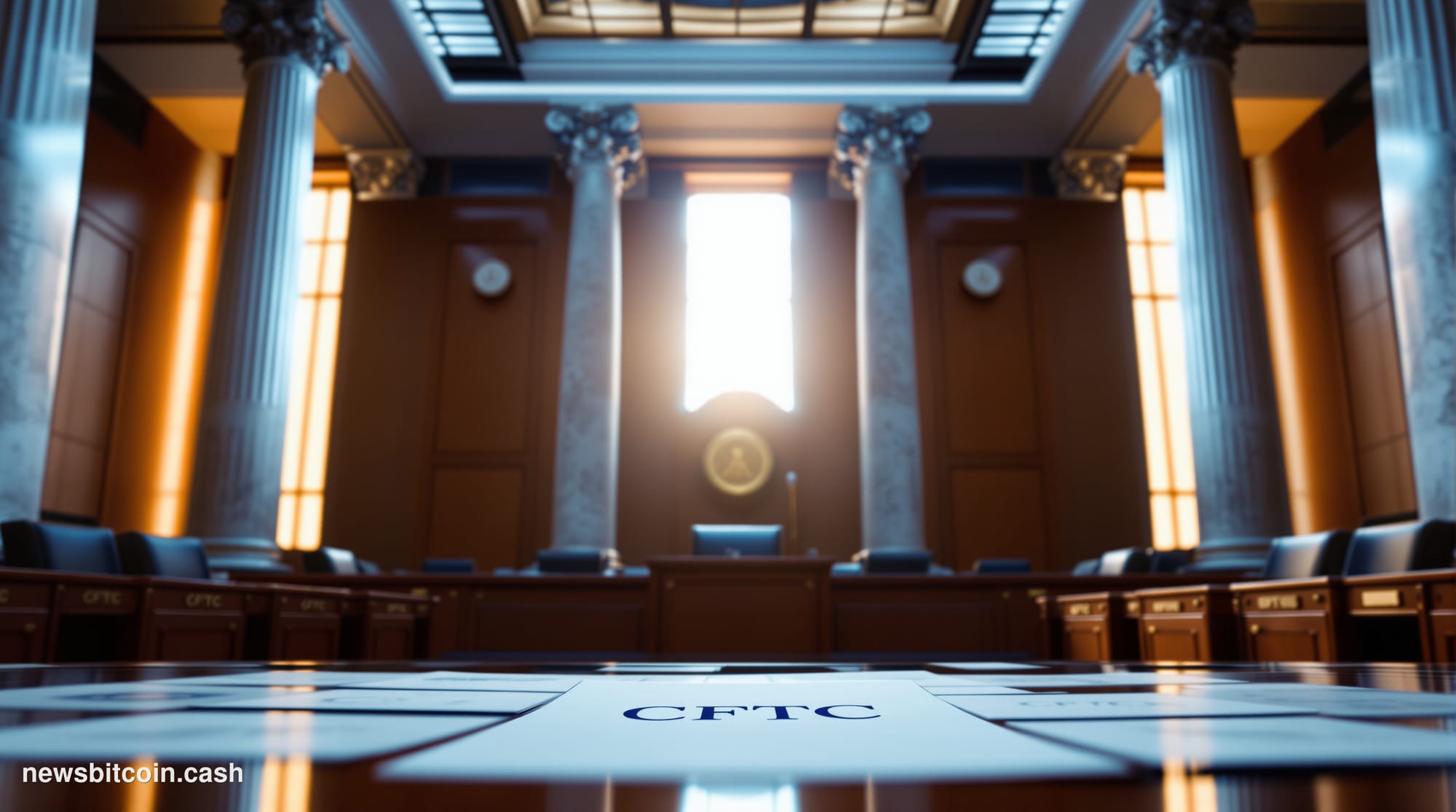 A cinematic photorealistic editorial photograph set inside a grand federal regulatory hearing room in Washington D.C., with m