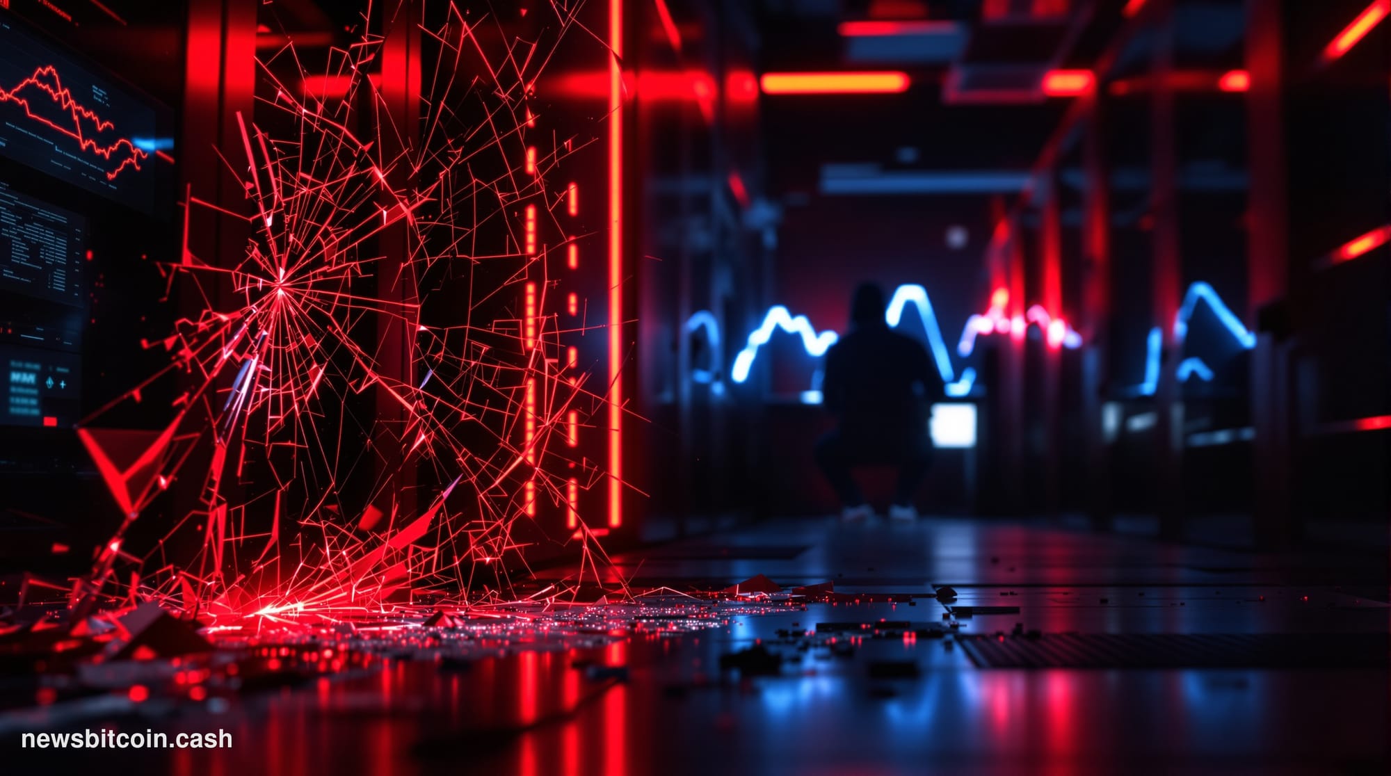 Cinematic photorealistic editorial photograph shot at a low angle looking up at a dark server room corridor with dramatic red