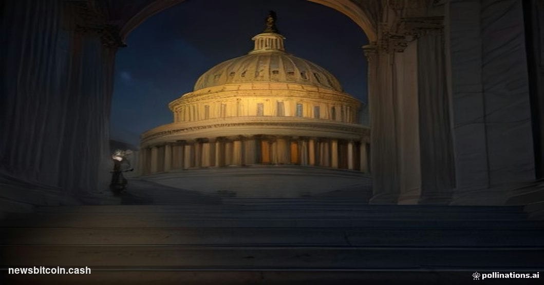 Cinematic photorealistic editorial photograph shot from a low angle looking up at the U.S. Capitol building at dusk, its neoc