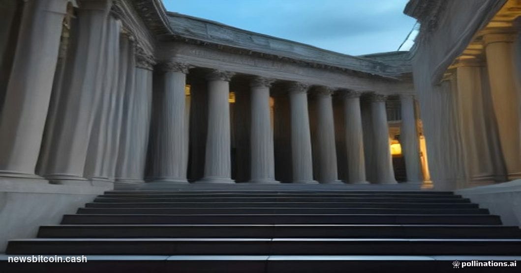 Cinematic photorealistic editorial photograph shot at a low angle looking up at the US Treasury building in Washington D.C. a