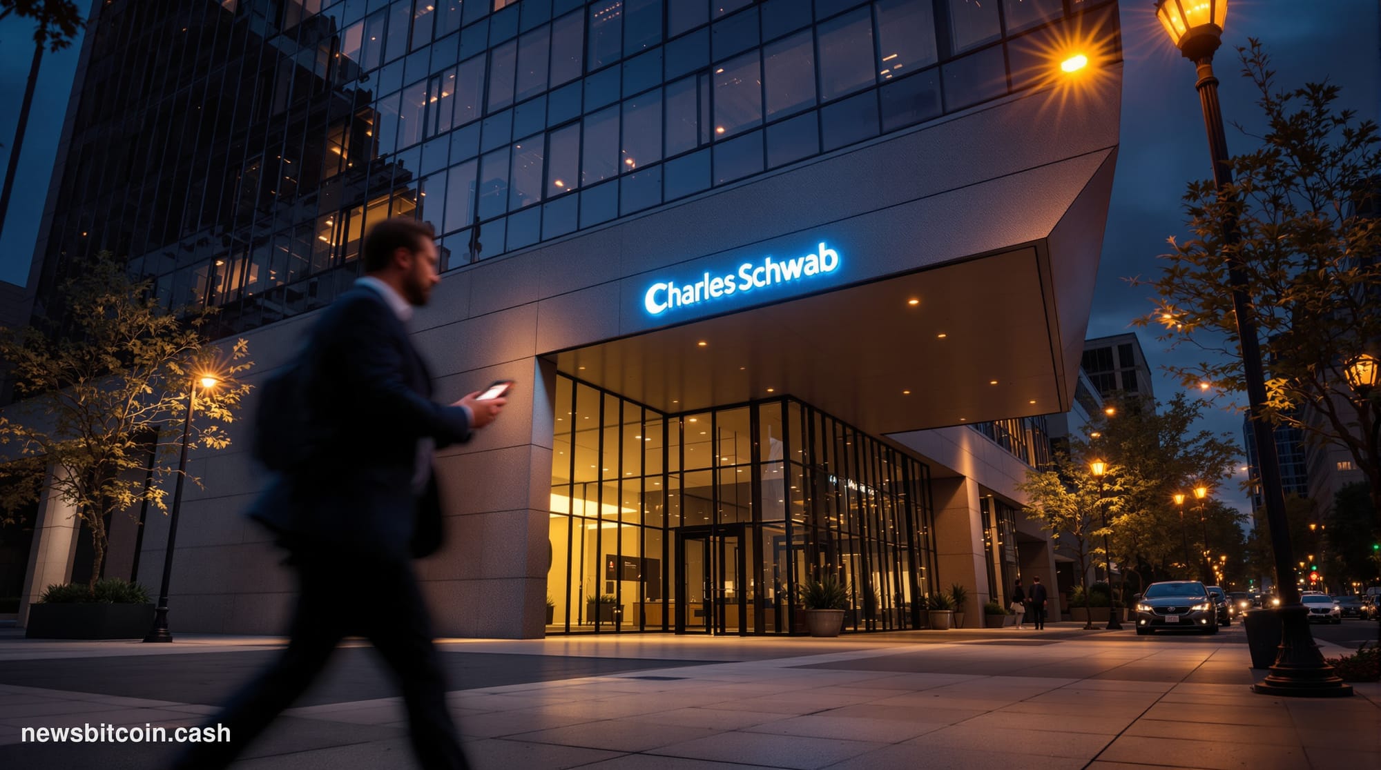 A cinematic photorealistic editorial photograph of the Charles Schwab corporate headquarters exterior, shot from a low angle 