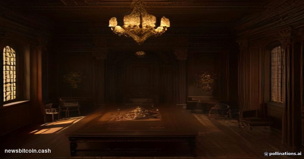 A cinematic photorealistic editorial photograph of an enormous, ornate architectural blueprint spread across a dark mahogany 