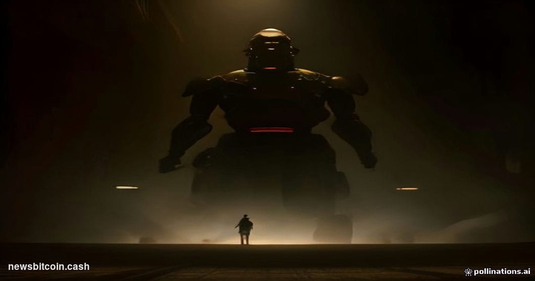 Cinematic photorealistic editorial photograph, dramatic industrial lighting from below casting long shadows, depicting a mass
