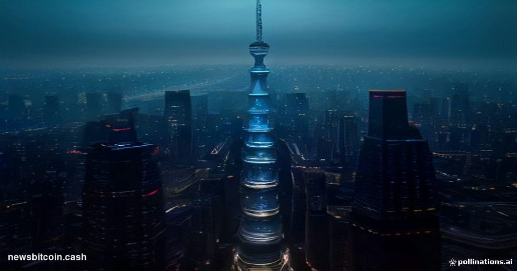 Cinematic photorealistic editorial photograph shot at dusk from a low angle looking up at the Lujiazui financial district sky