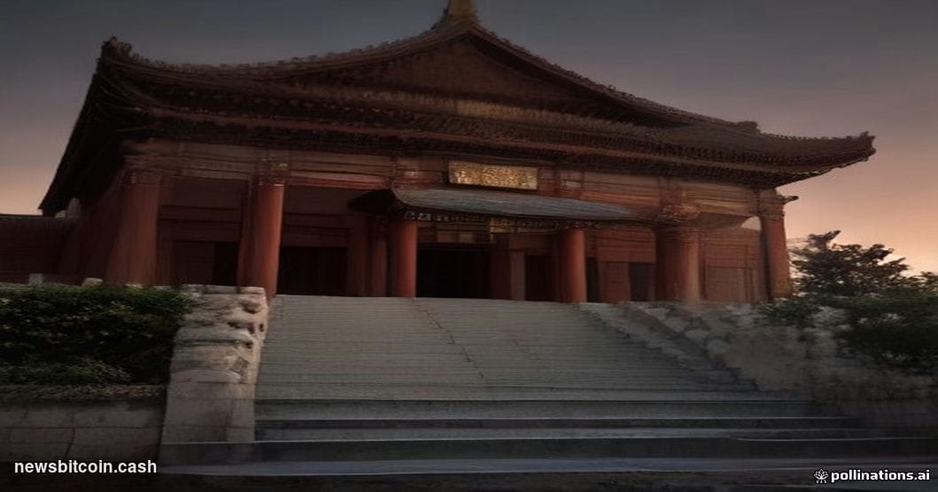 Cinematic photorealistic editorial photograph shot at dusk from a low angle, looking up at the imposing facade of a Chinese g