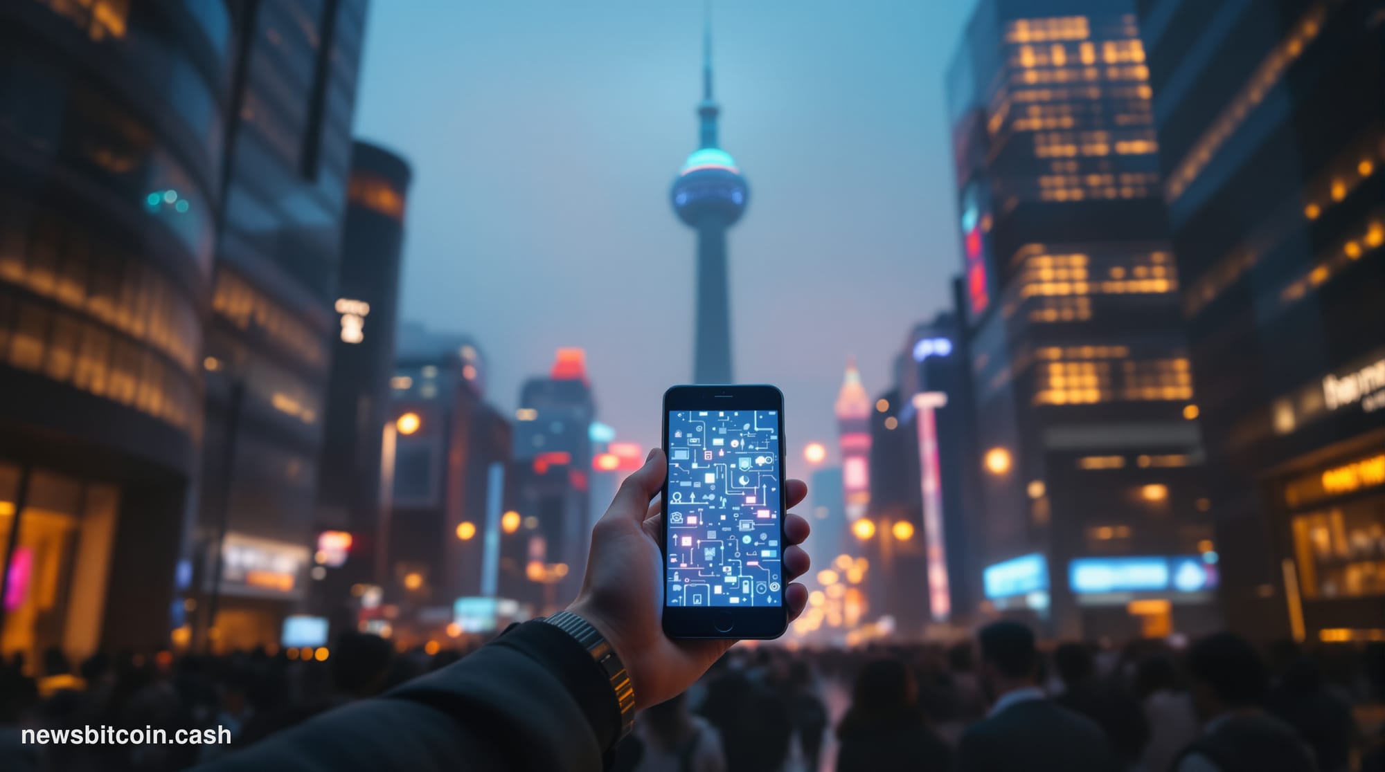 Cinematic photorealistic editorial photograph shot at ground level looking up at a dense urban canyon in Shanghai's Pudong fi