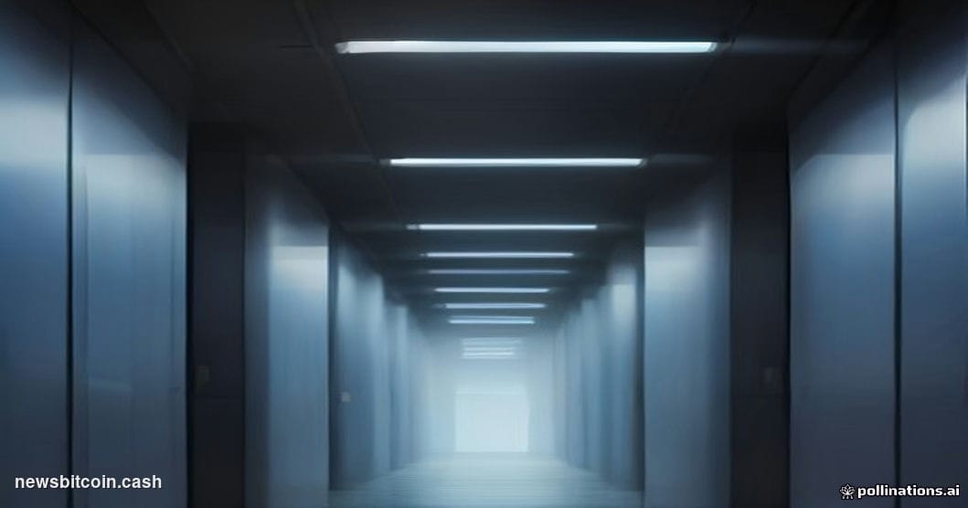 Cinematic photorealistic editorial photograph of a sleek modern financial data center corridor, dramatically lit with cold bl