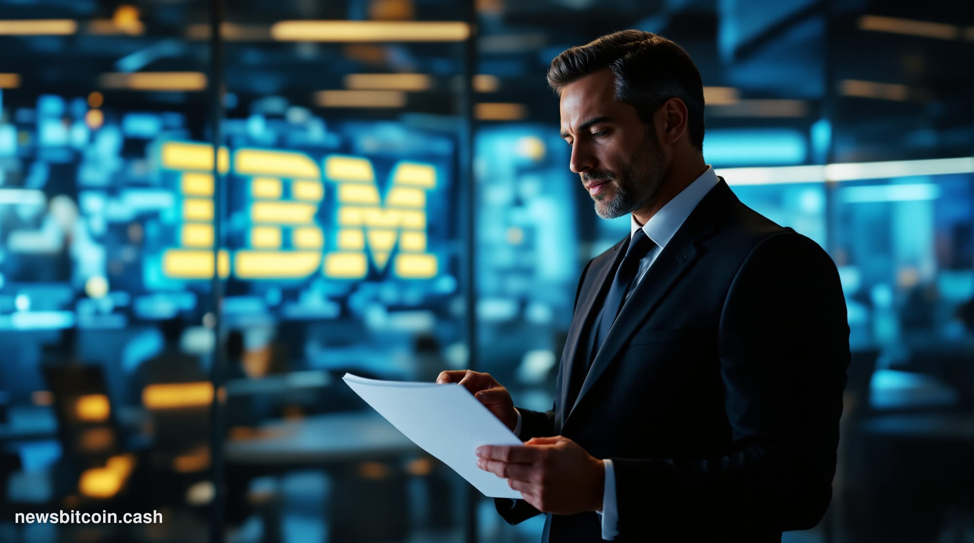 Cinematic photorealistic editorial photograph of IBM's historic Armonk, New York headquarters building at dusk, shot from a l